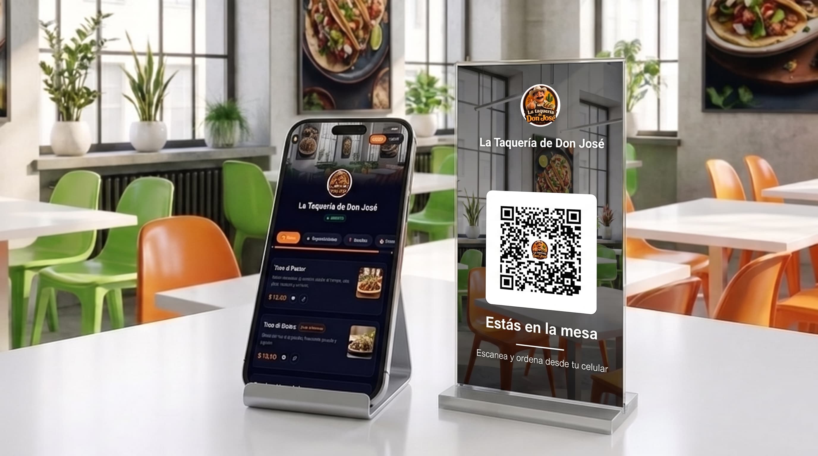 Menú digital de MiMenu en el celular del cliente y en un exhibidor de mesa con código QR